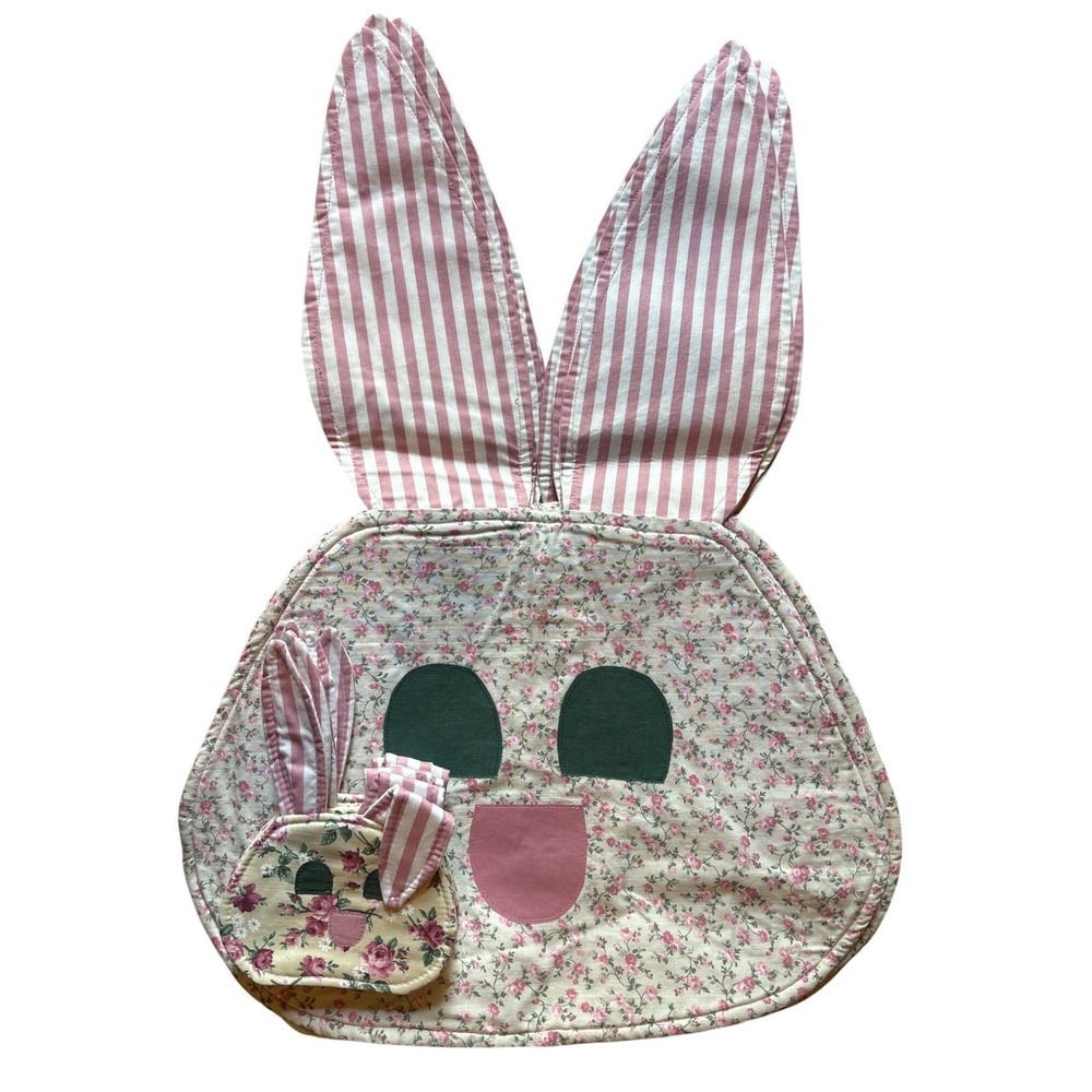 Floral Bunny Placemat & Napkin Holder Coaster Set With Pink Striped Ears Easter